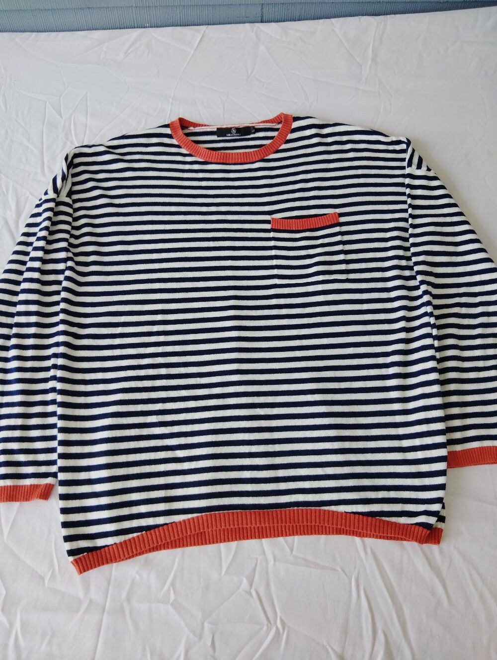 lillusory L Striped Crewneck Sweater with Contrast Trim - Navy/White with Coral